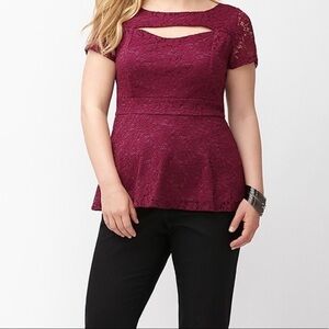 NWT. Lane Bryant purple lace peplum top keyhole detail